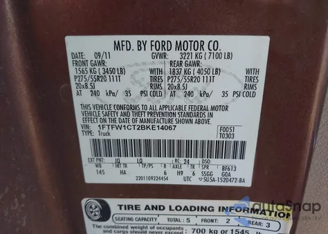 2011 Ford F-150 Lariat z USA, uszkodzony, nr VIN 1FTFW1CT2BKE14067